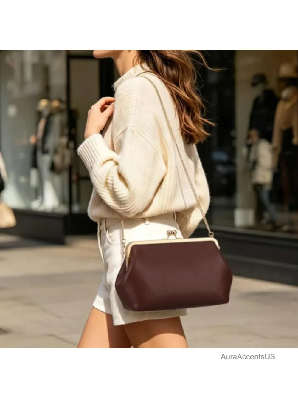 Women's Kiss Lock Evening Clutch Crossbody Bag PU Leather Gold Trim Handbag